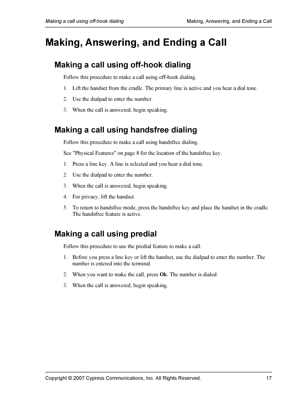 DeWalt 1140 manual Making, Answering, and Ending a Call, Making a call using off-hook dialing, Making a call using predial 