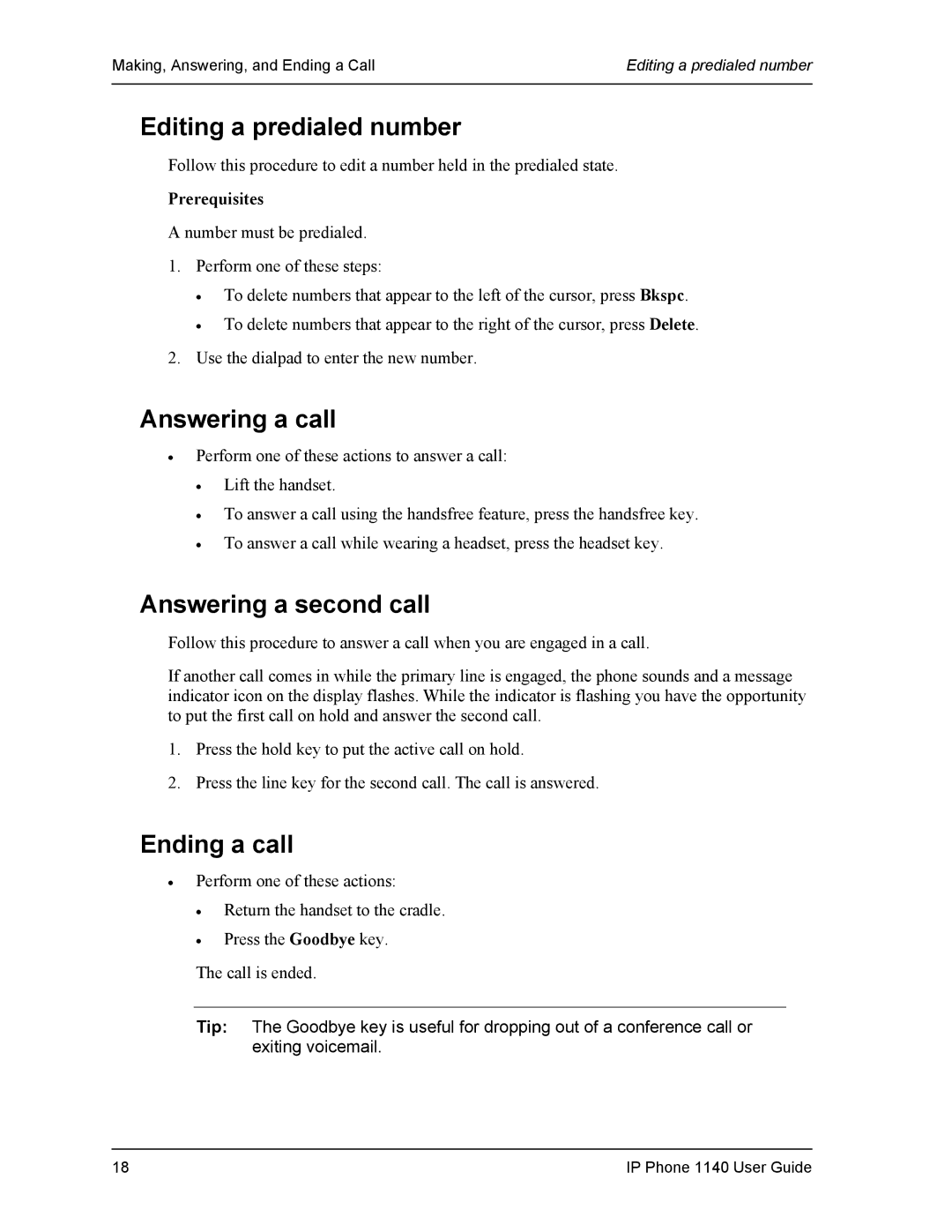 DeWalt 1140 manual Editing a predialed number, Answering a call, Answering a second call, Ending a call 