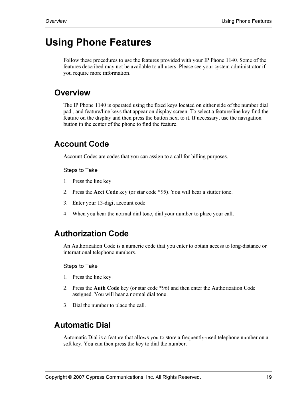 DeWalt 1140 manual Using Phone Features, Overview, Account Code, Authorization Code, Automatic Dial 