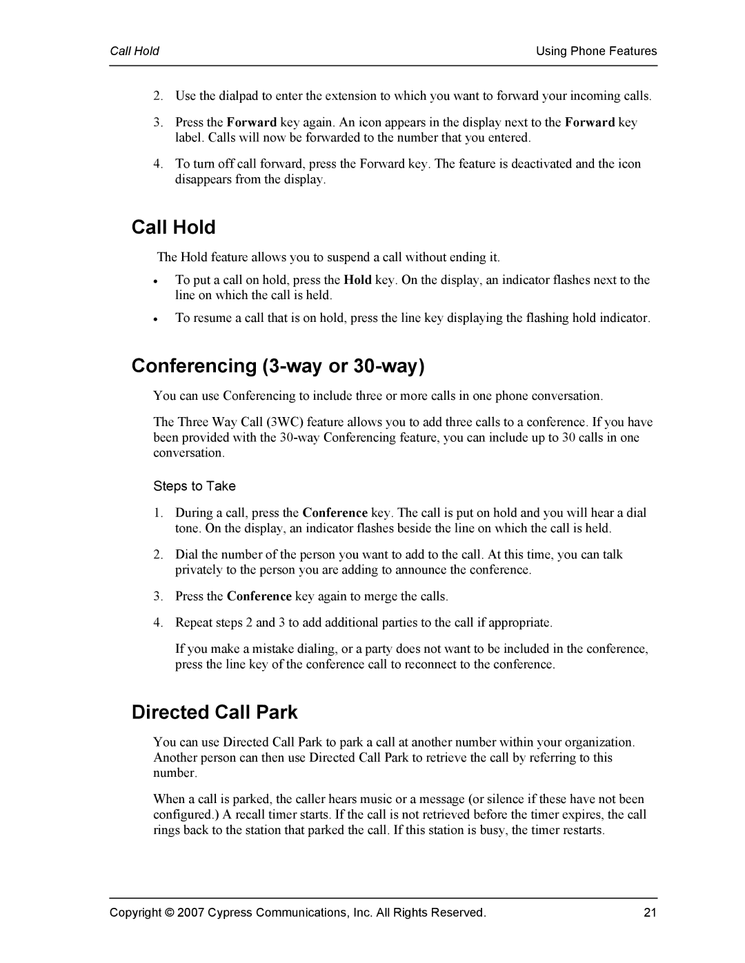 DeWalt 1140 manual Call Hold, Conferencing 3-way or 30-way, Directed Call Park 