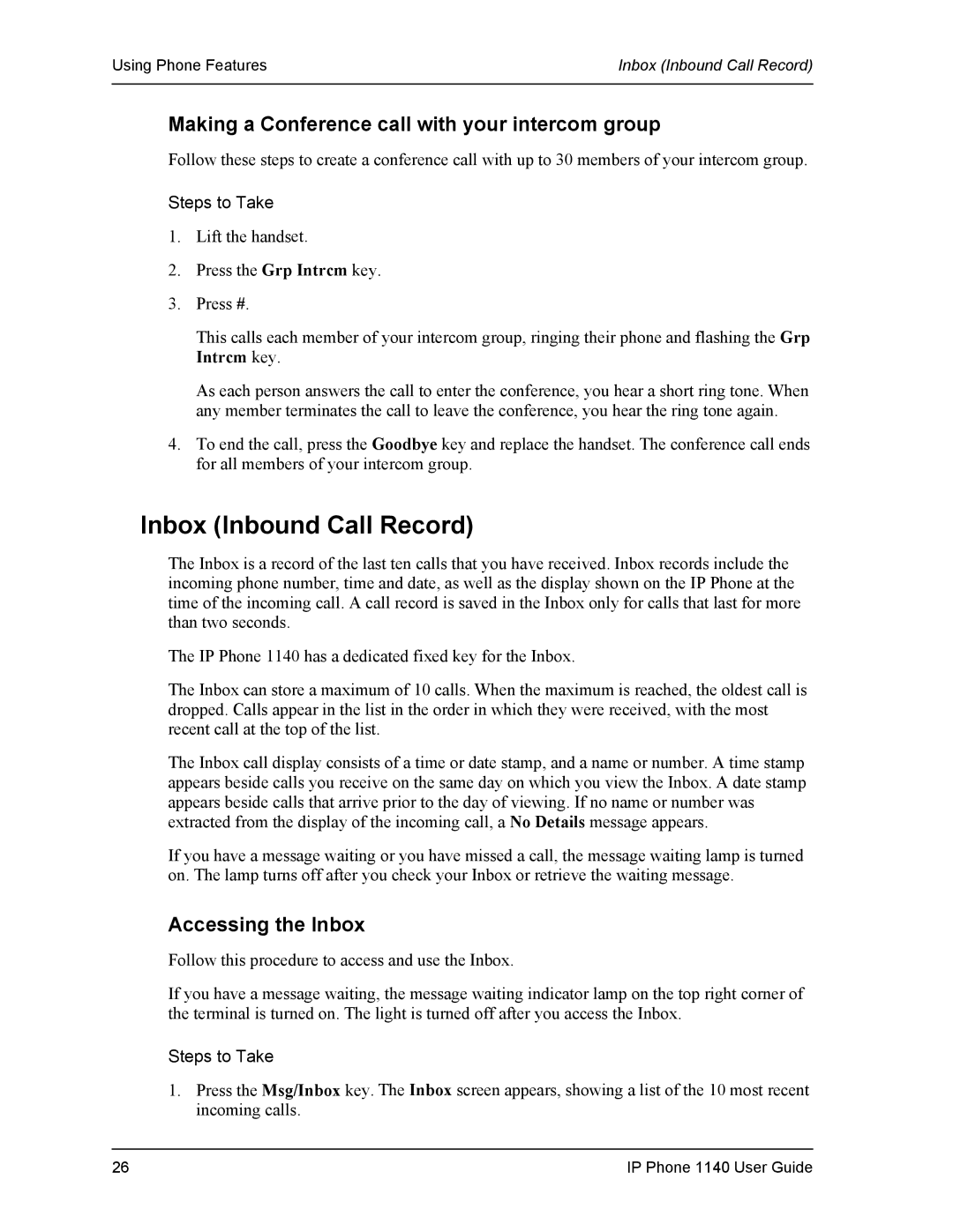 DeWalt 1140 manual Inbox Inbound Call Record, Making a Conference call with your intercom group, Accessing the Inbox 