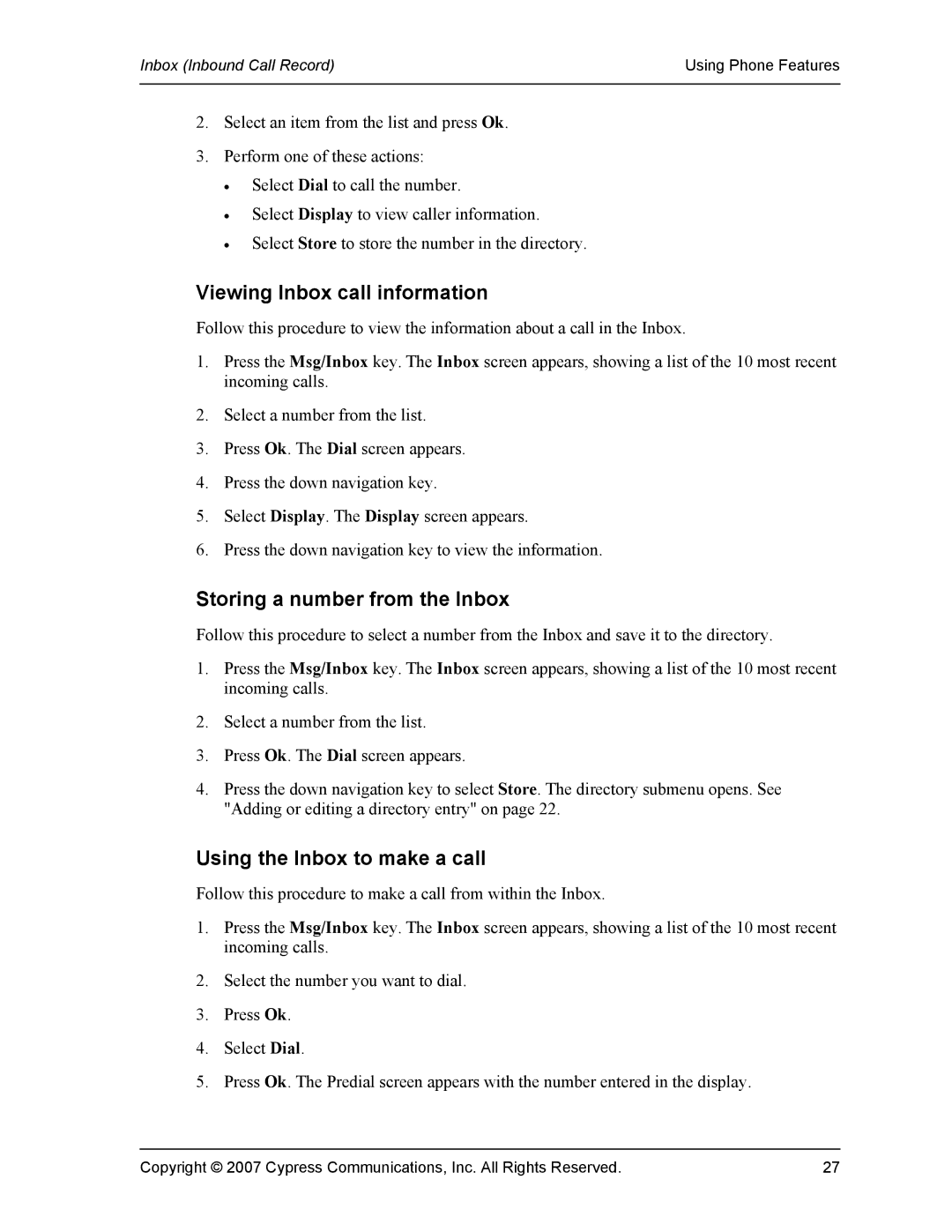 DeWalt 1140 manual Viewing Inbox call information, Storing a number from the Inbox, Using the Inbox to make a call 