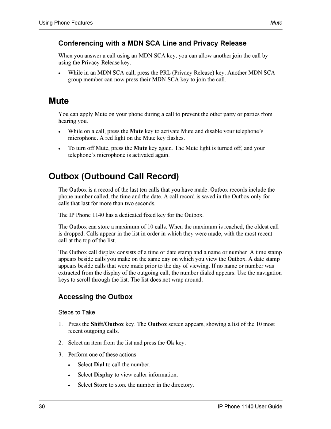 DeWalt 1140 Mute, Outbox Outbound Call Record, Conferencing with a MDN SCA Line and Privacy Release, Accessing the Outbox 