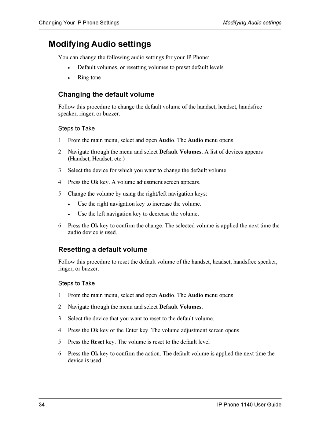 DeWalt 1140 manual Modifying Audio settings, Changing the default volume, Resetting a default volume 