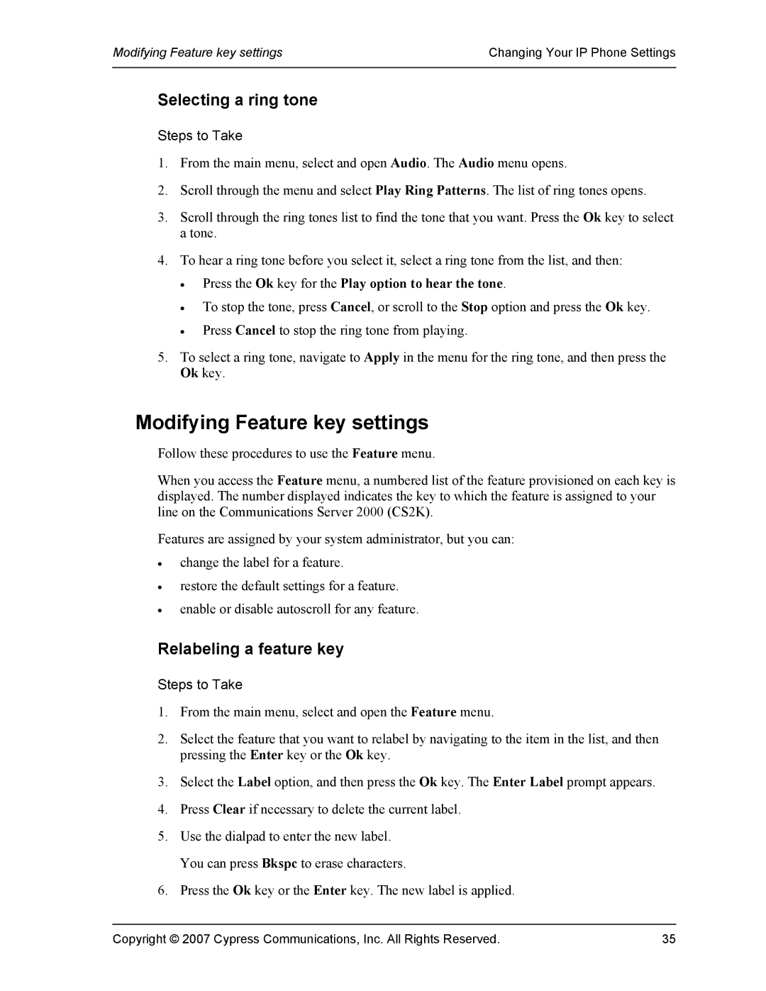 DeWalt 1140 manual Modifying Feature key settings, Selecting a ring tone, Relabeling a feature key 