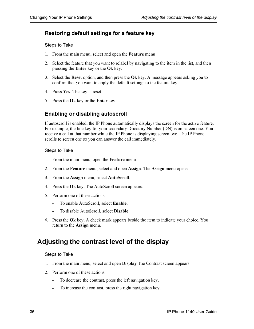 DeWalt 1140 manual Adjusting the contrast level of the display, Restoring default settings for a feature key 