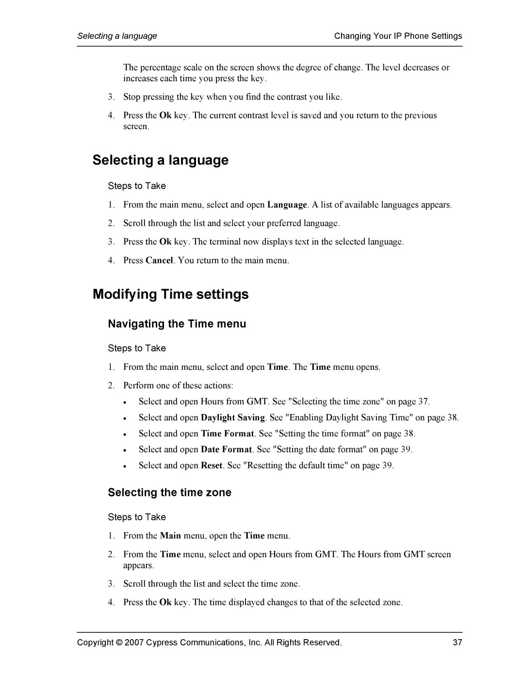 DeWalt 1140 manual Selecting a language, Modifying Time settings, Navigating the Time menu, Selecting the time zone 