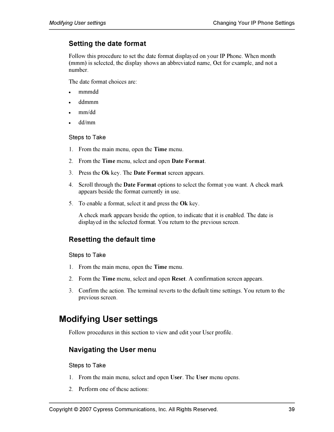 DeWalt 1140 manual Modifying User settings, Setting the date format, Resetting the default time, Navigating the User menu 