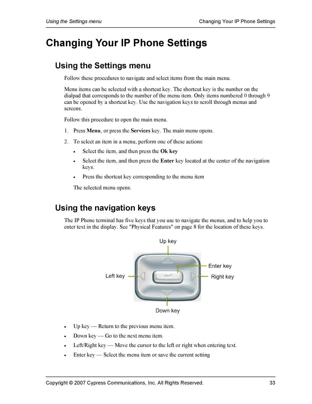 DeWalt 1140 manual Changing Your IP Phone Settings, Using the Settings menu, Using the navigation keys 