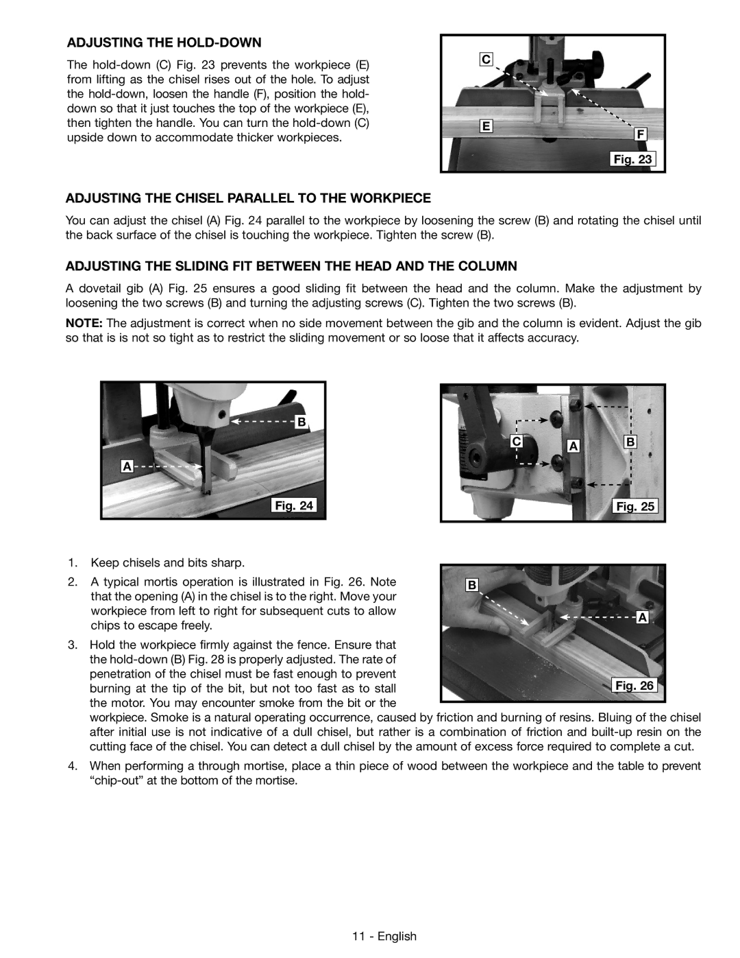 DeWalt 14-65l instruction manual Adjusting the HOLD-DOWN, Adjusting the Chisel Parallel to the Workpiece 