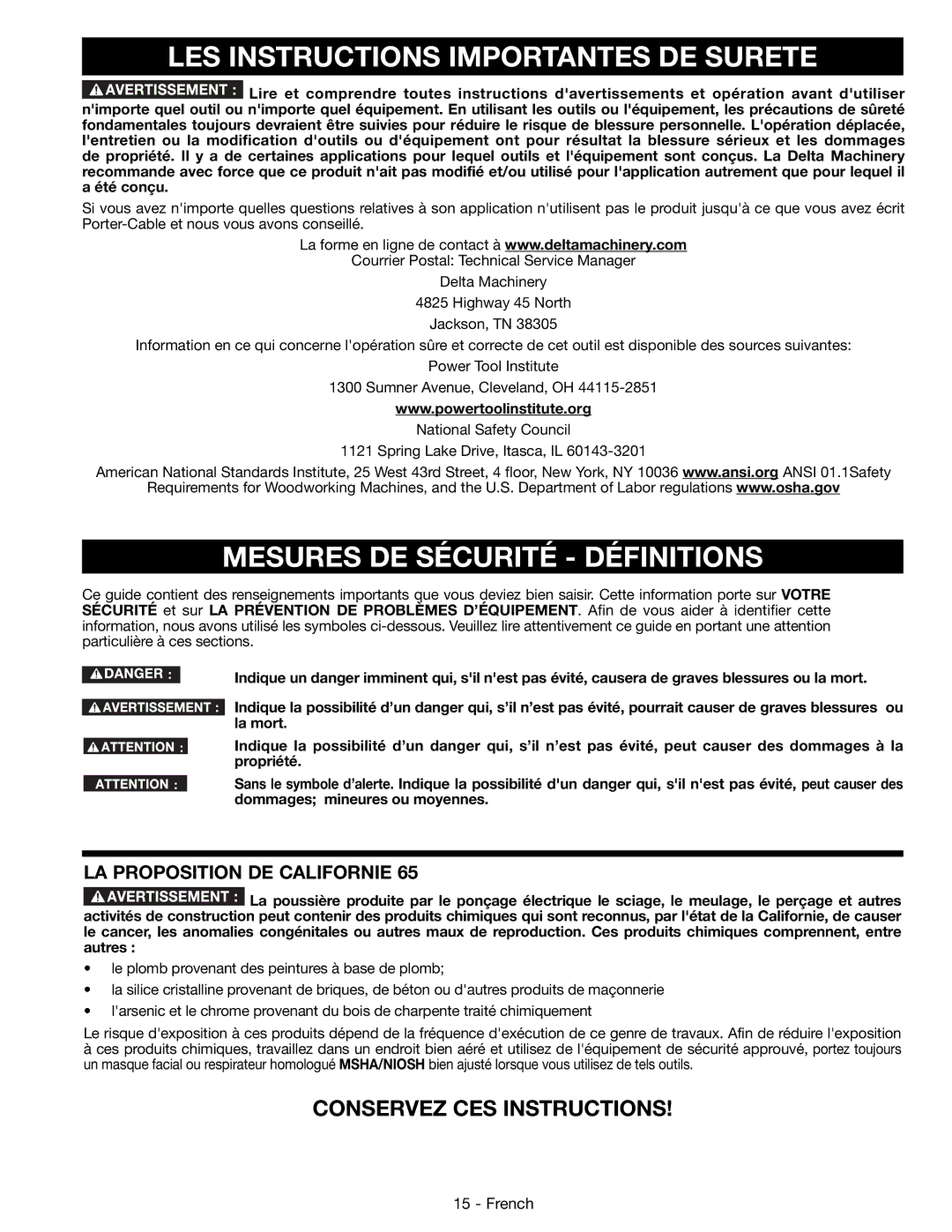 DeWalt 14-65l LES Instructions Importantes DE Surete, Mesures DE Sécurité Définitions, LA Proposition DE Californie 