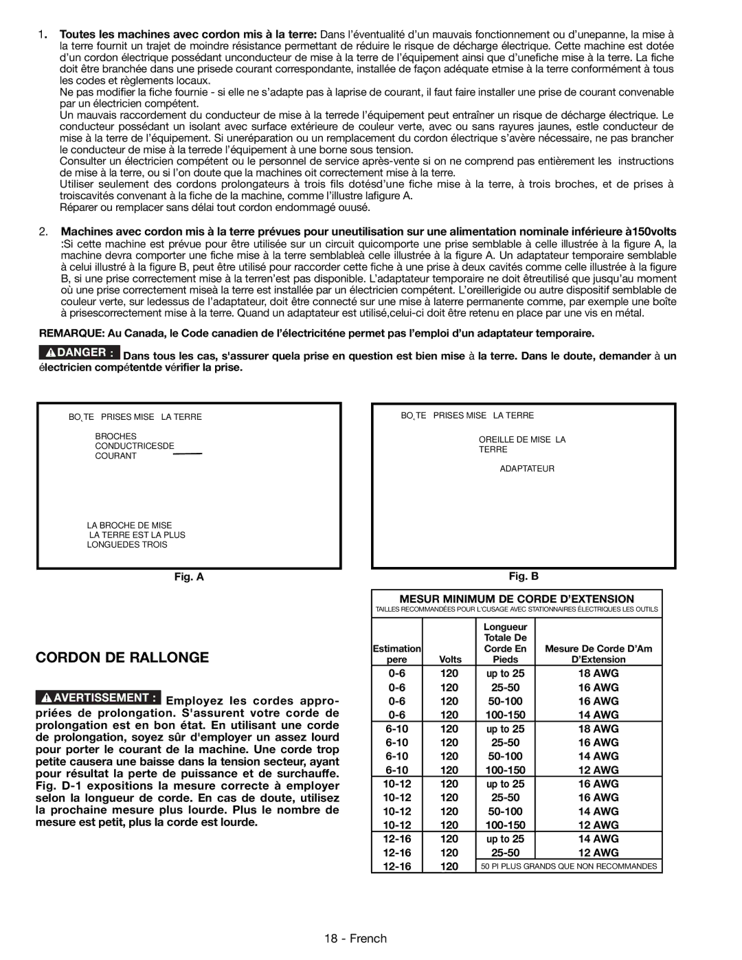 DeWalt 14-65l instruction manual Cordon DE Rallonge, Mesur Minimum DE Corde D’EXTENSION 