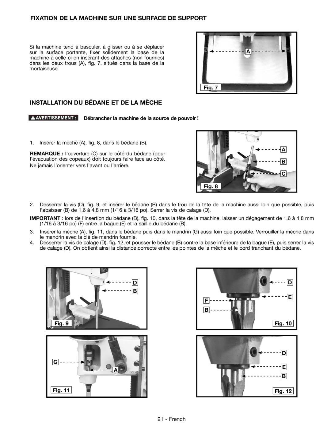 DeWalt 14-65l instruction manual Fixation DE LA Machine SUR UNE Surface DE Support, Installation DU Bédane ET DE LA Mèche 