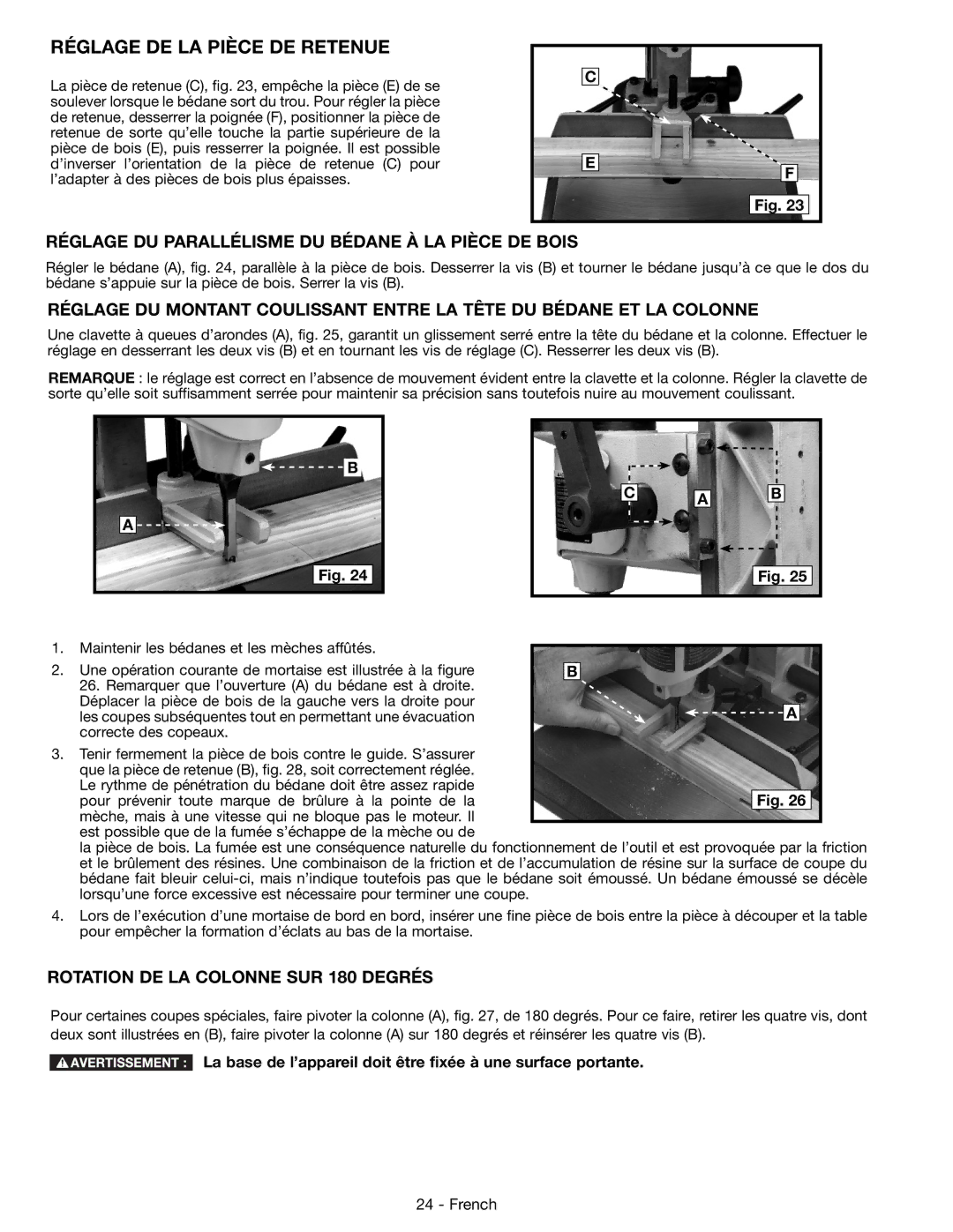 DeWalt 14-65l instruction manual Réglage DE LA Pièce DE Retenue, Réglage DU Parallélisme DU Bédane À LA Pièce DE Bois 