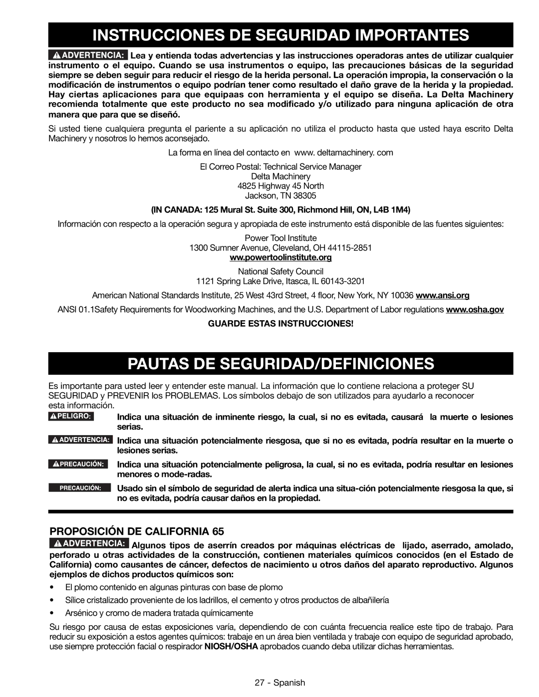 DeWalt 14-65l Instrucciones DE Seguridad Importantes, Pautas DE SEGURIDAD/DEFINICIONES, Proposición DE California 