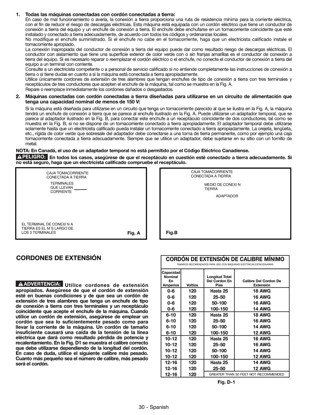 DeWalt 14-65l instruction manual Cordones DE Extensión, Cordón DE Extensión DE Calibre Mínimo 