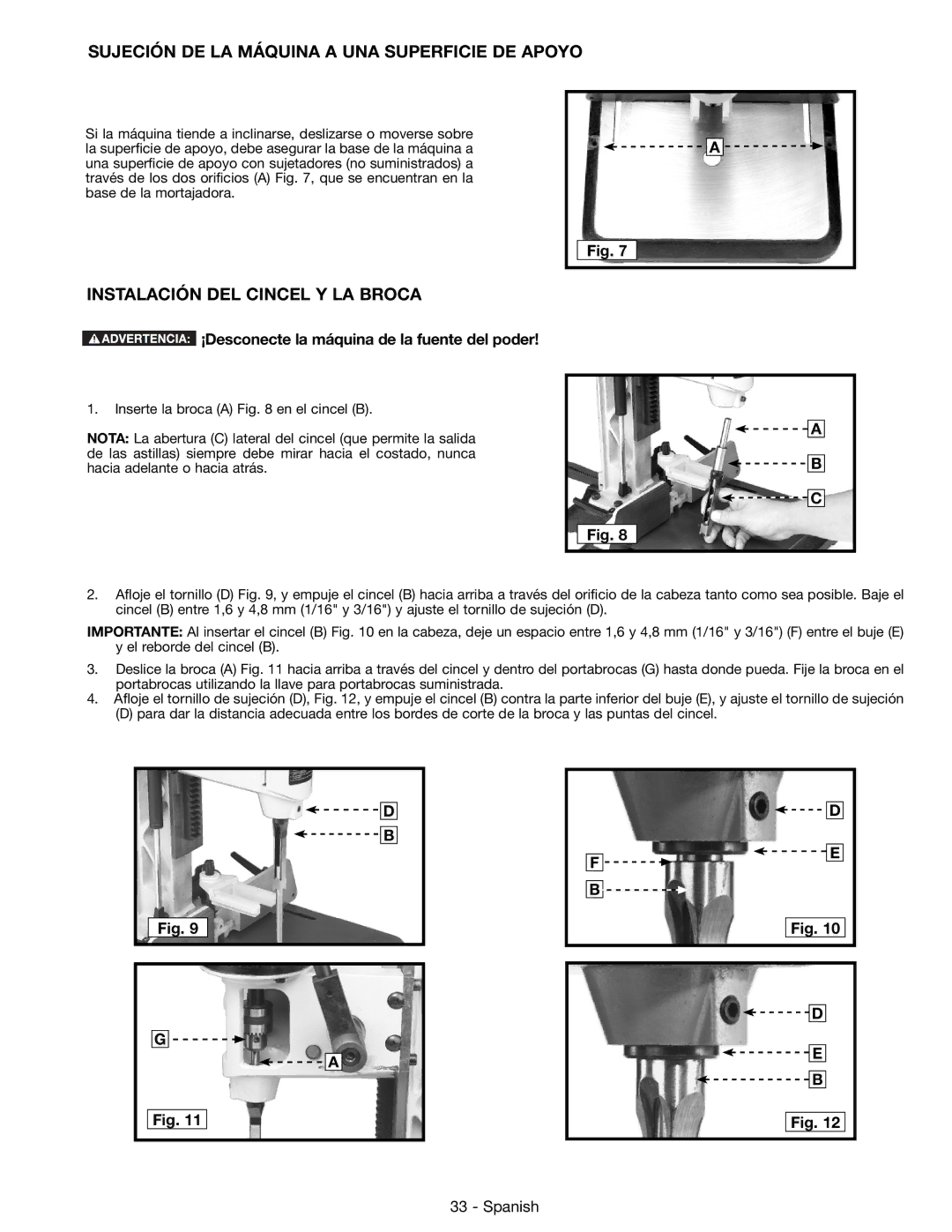 DeWalt 14-65l instruction manual Sujeción DE LA Máquina a UNA Superficie DE Apoyo, Instalación DEL Cincel Y LA Broca 