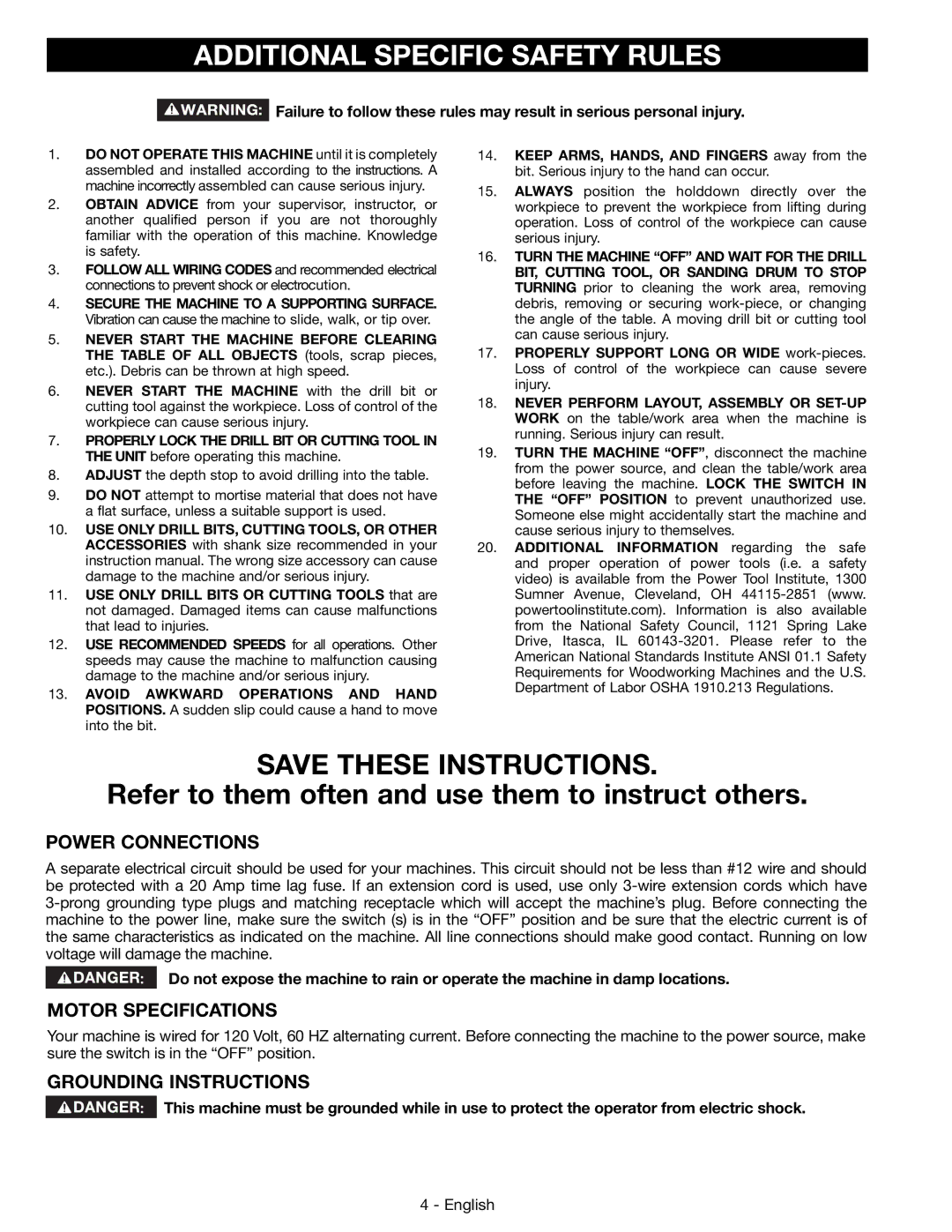 DeWalt 14-65l Additional Specific Safety Rules, Power Connections, Motor Specifications, Grounding Instructions 