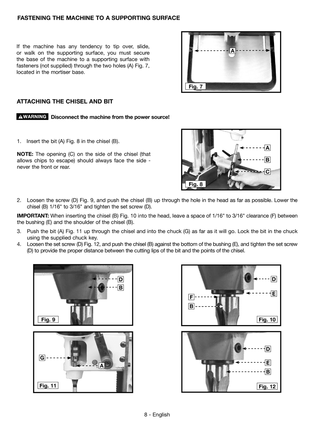 DeWalt 14-65l instruction manual Fastening the Machine to a Supporting Surface, Attaching the Chisel and BIT 