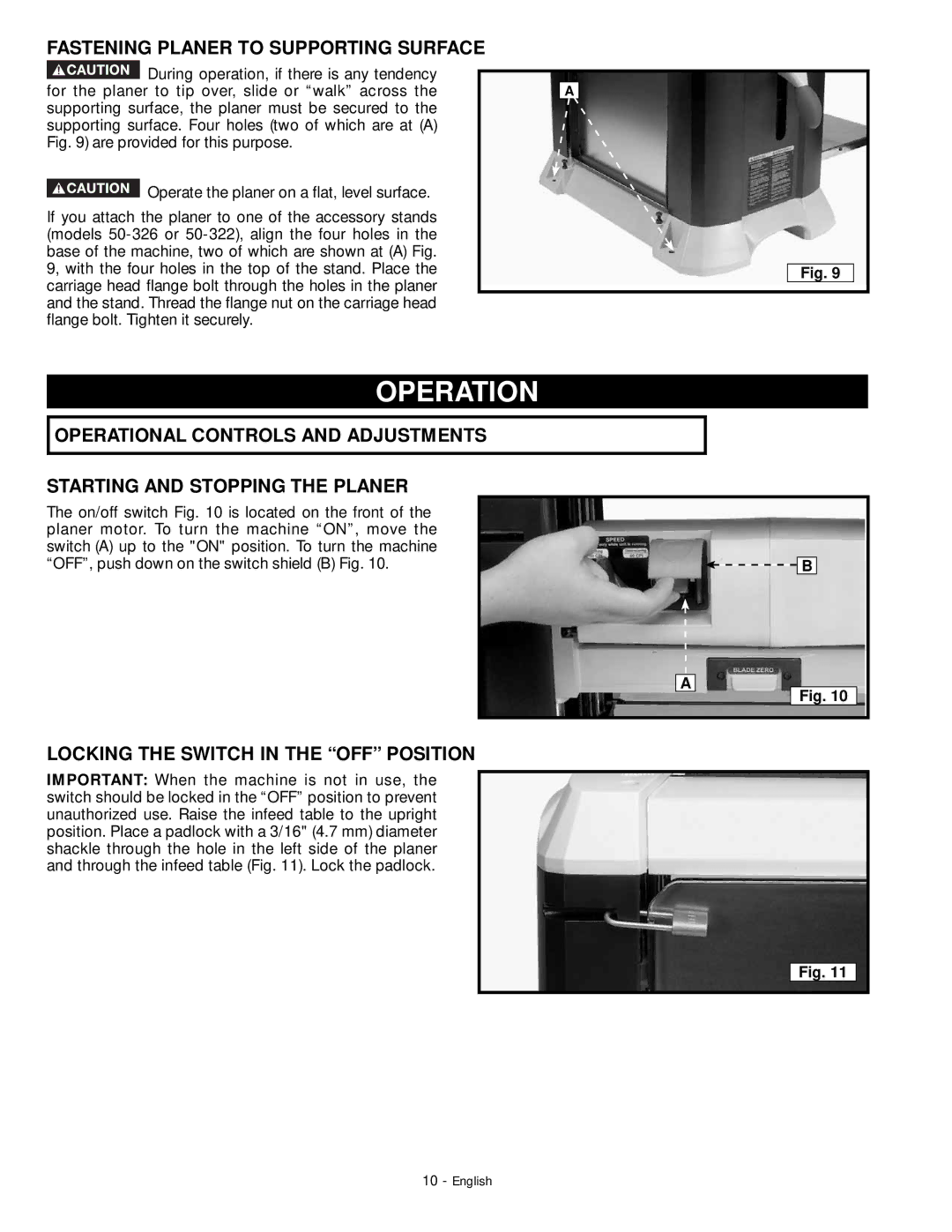 DeWalt 18657 instruction manual Operation, Fastening Planer to Supporting Surface, Locking the Switch in the OFF Position 