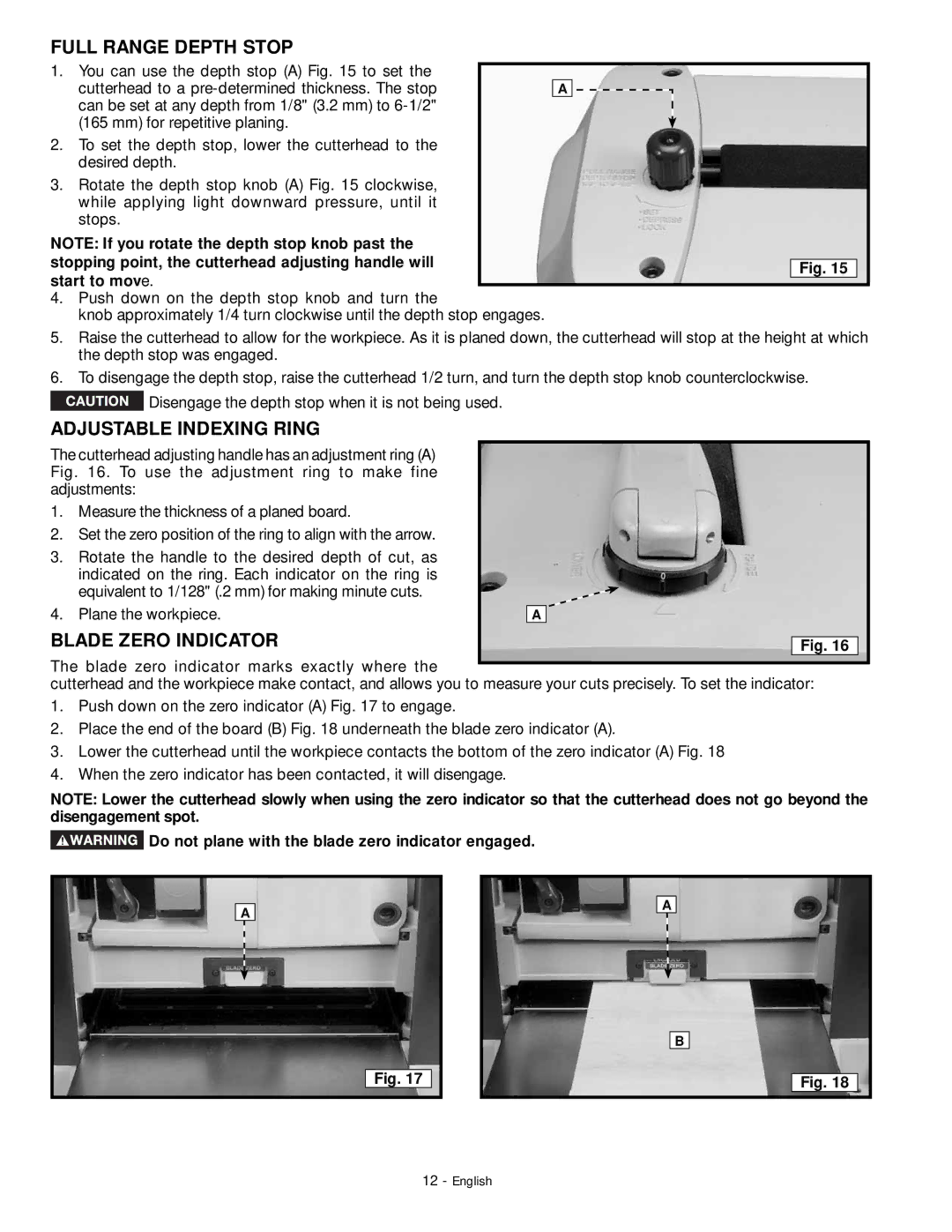 DeWalt 18657 instruction manual Full Range Depth Stop, Adjustable Indexing Ring, Blade Zero Indicator 