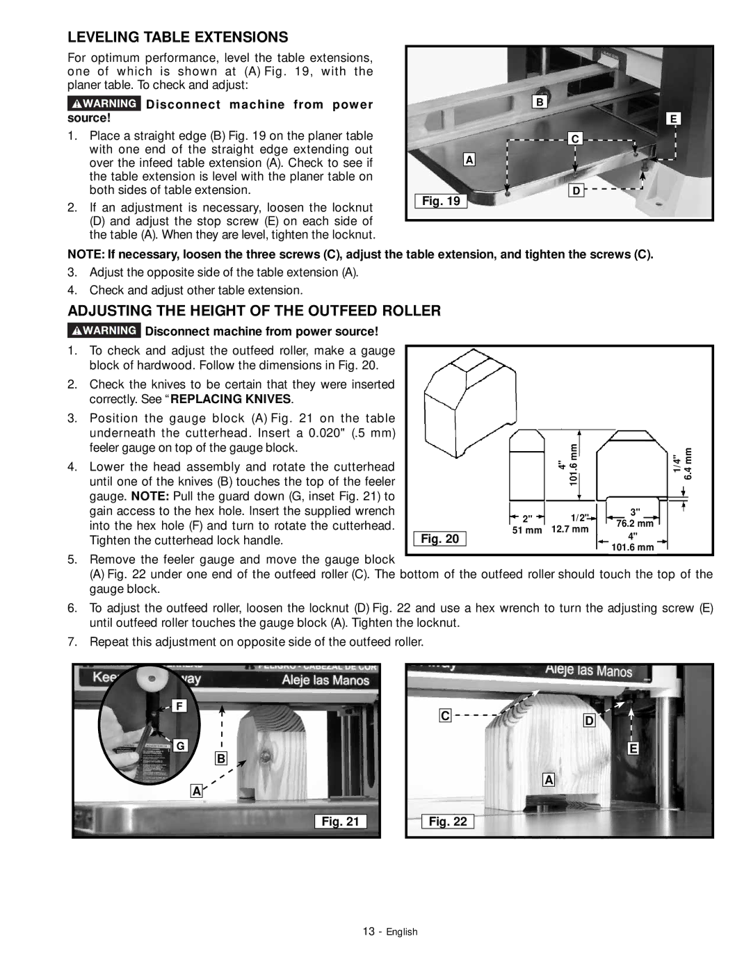 DeWalt 18657 Leveling Table Extensions, Adjusting the Height of the Outfeed Roller, Disconnect machine from power source 