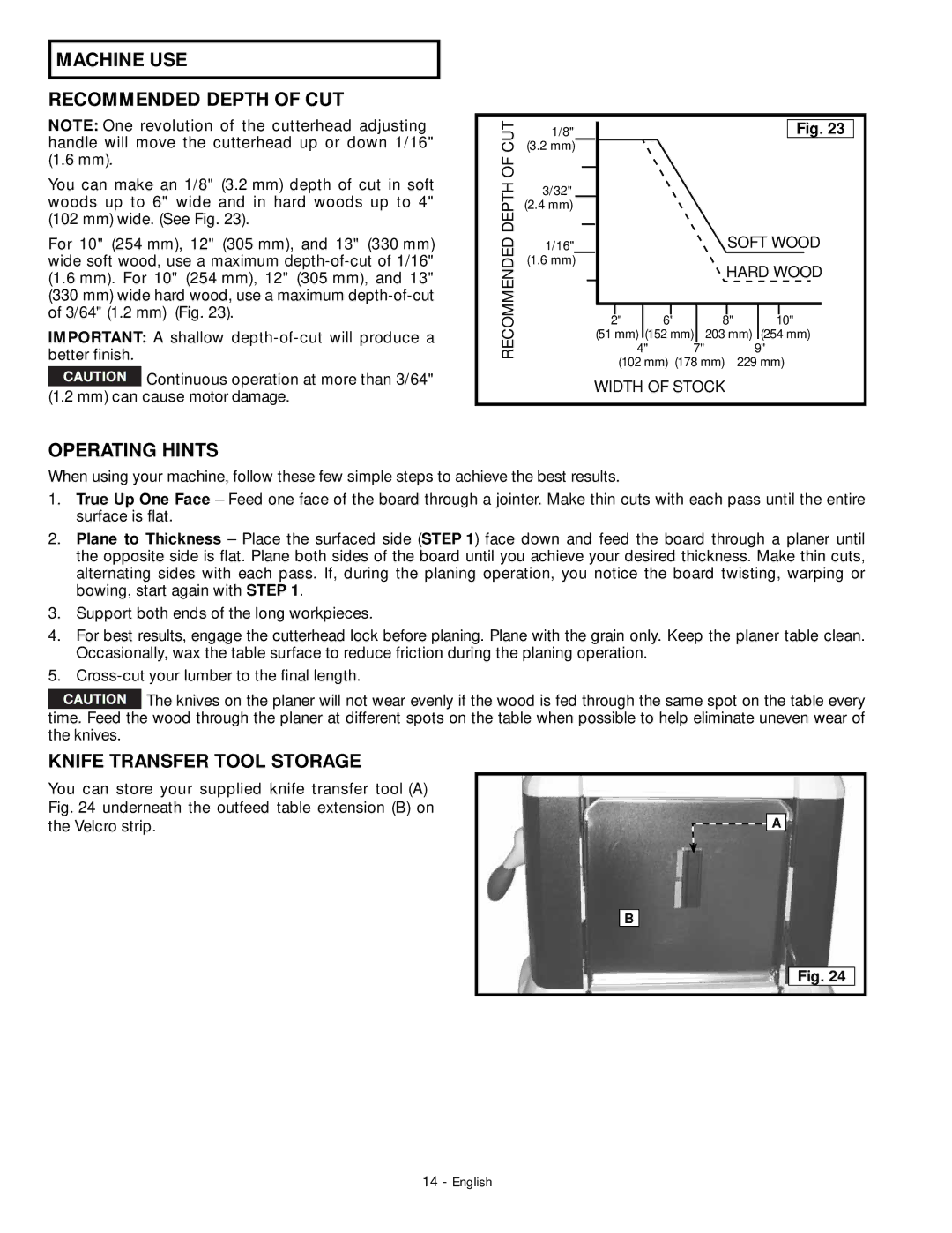 DeWalt 18657 instruction manual Machine USE Recommended Depth of CUT, Operating Hints, Knife Transfer Tool Storage 