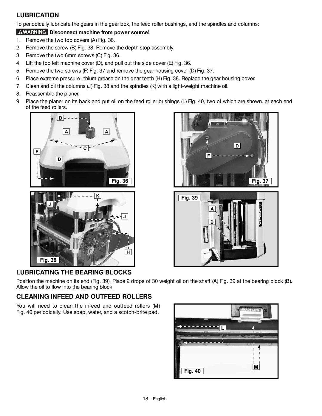 DeWalt 18657 instruction manual Lubrication, Lubricating the Bearing Blocks, Cleaning Infeed and Outfeed Rollers 