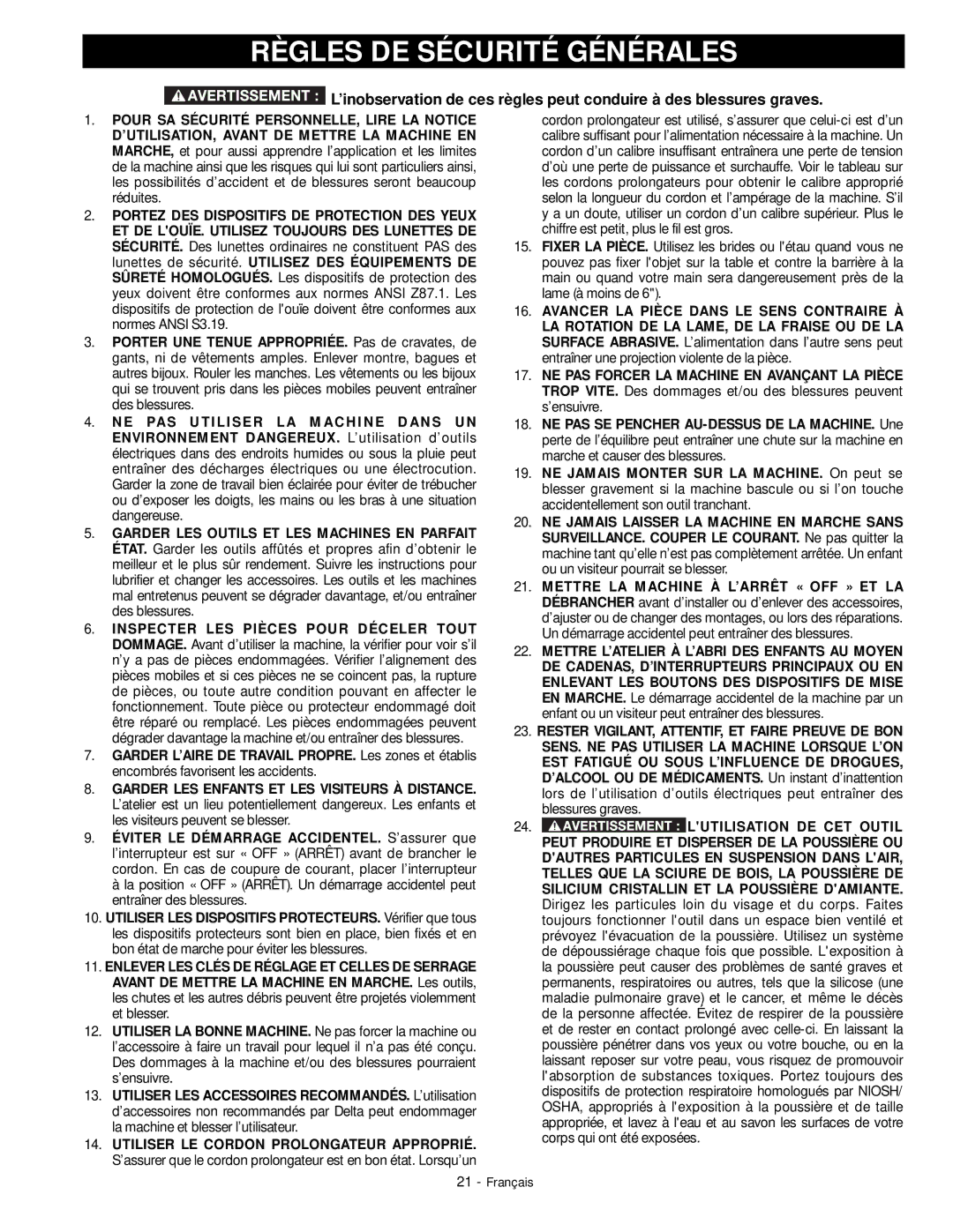 DeWalt 18657 instruction manual Règles DE Sécurité Générales, Lutilisation DE CET Outil 