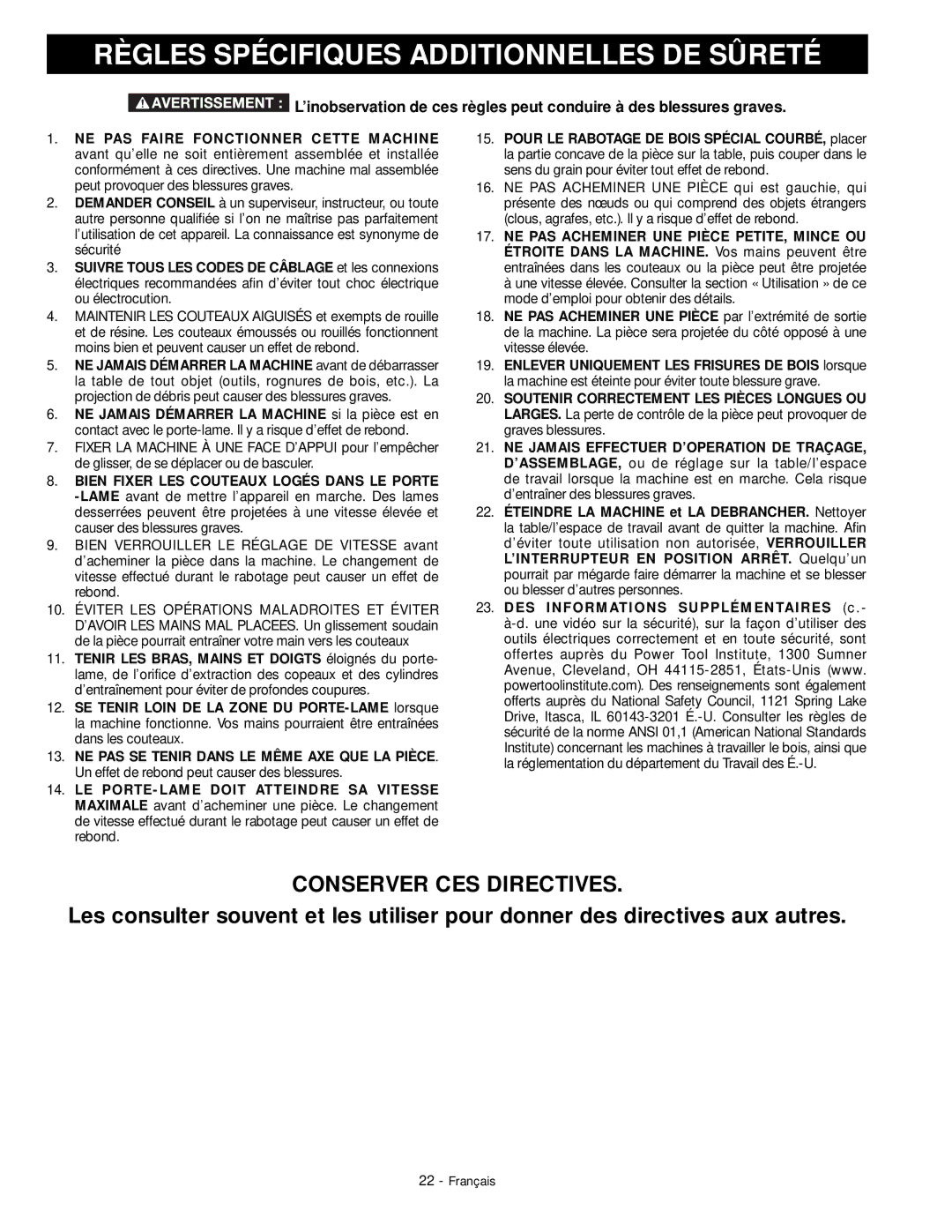 DeWalt 18657 instruction manual Règles Spécifiques Additionnelles DE Sûreté, Conserver CES Directives 