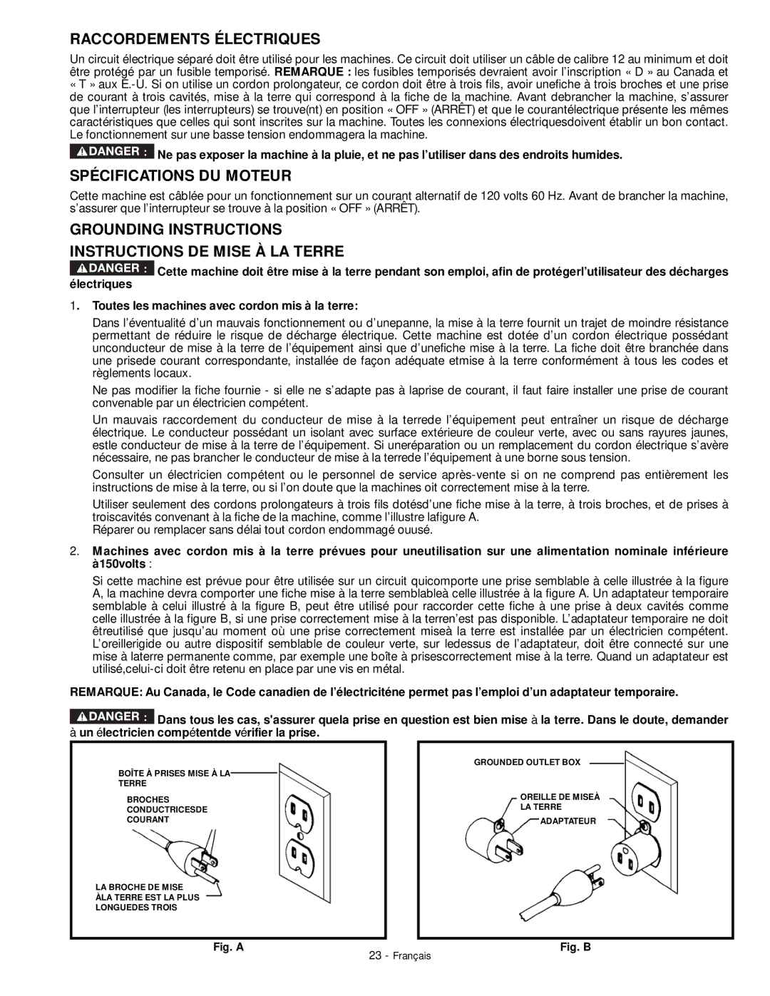 DeWalt 18657 Raccordements Électriques, Spécifications DU Moteur, Grounding Instructions Instructions DE Mise À LA Terre 