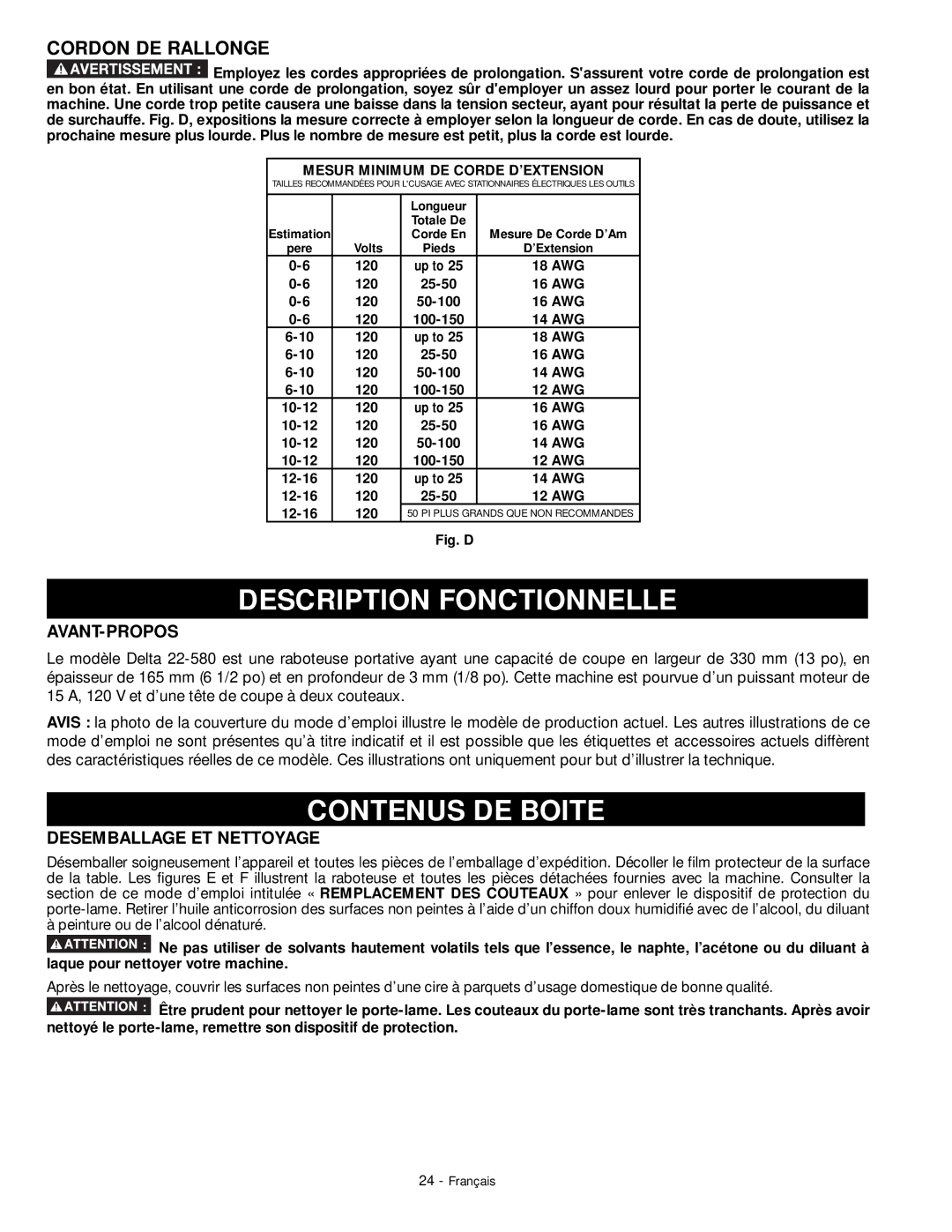 DeWalt 18657 Description Fonctionnelle, Contenus DE Boite, Cordon DE Rallonge, Avant-Propos, Desemballage ET Nettoyage 