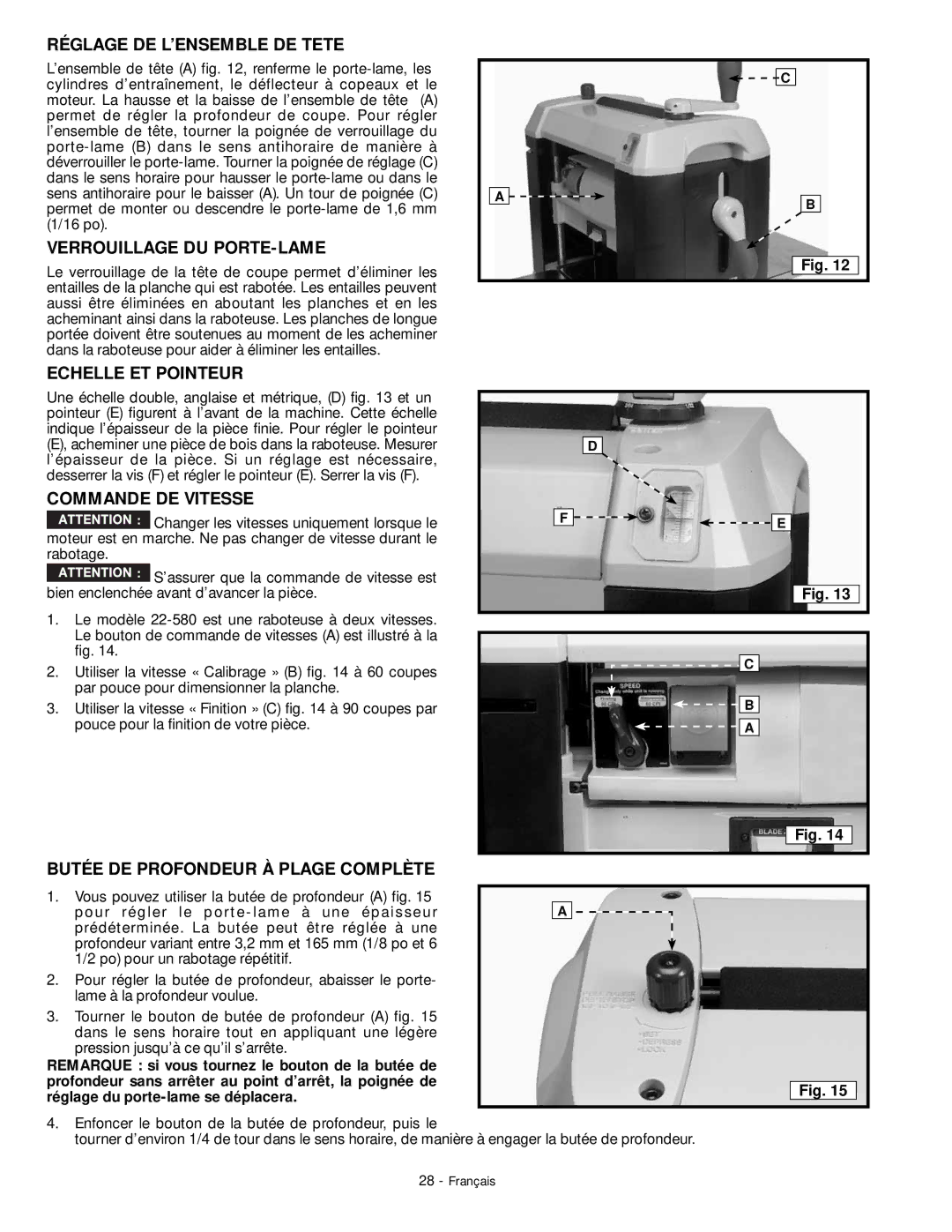 DeWalt 18657 Réglage DE L’ENSEMBLE DE Tete, Verrouillage DU PORTE-LAME, Echelle ET Pointeur, Commande DE Vitesse 