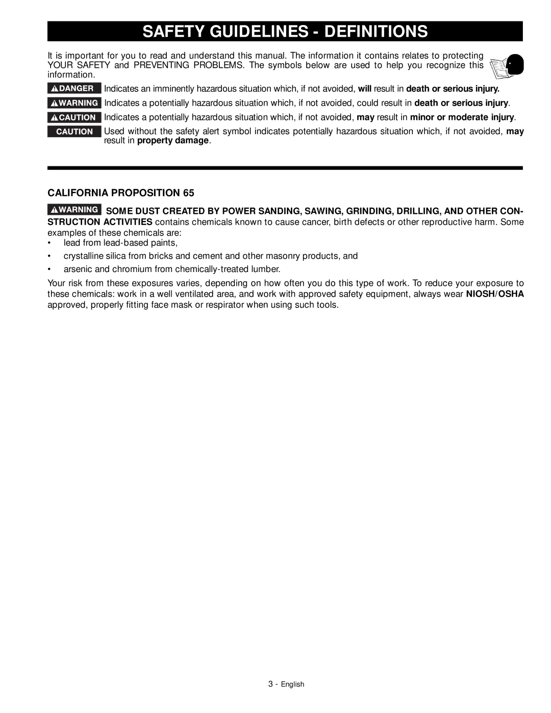 DeWalt 18657 instruction manual Safety Guidelines Definitions, California Proposition 