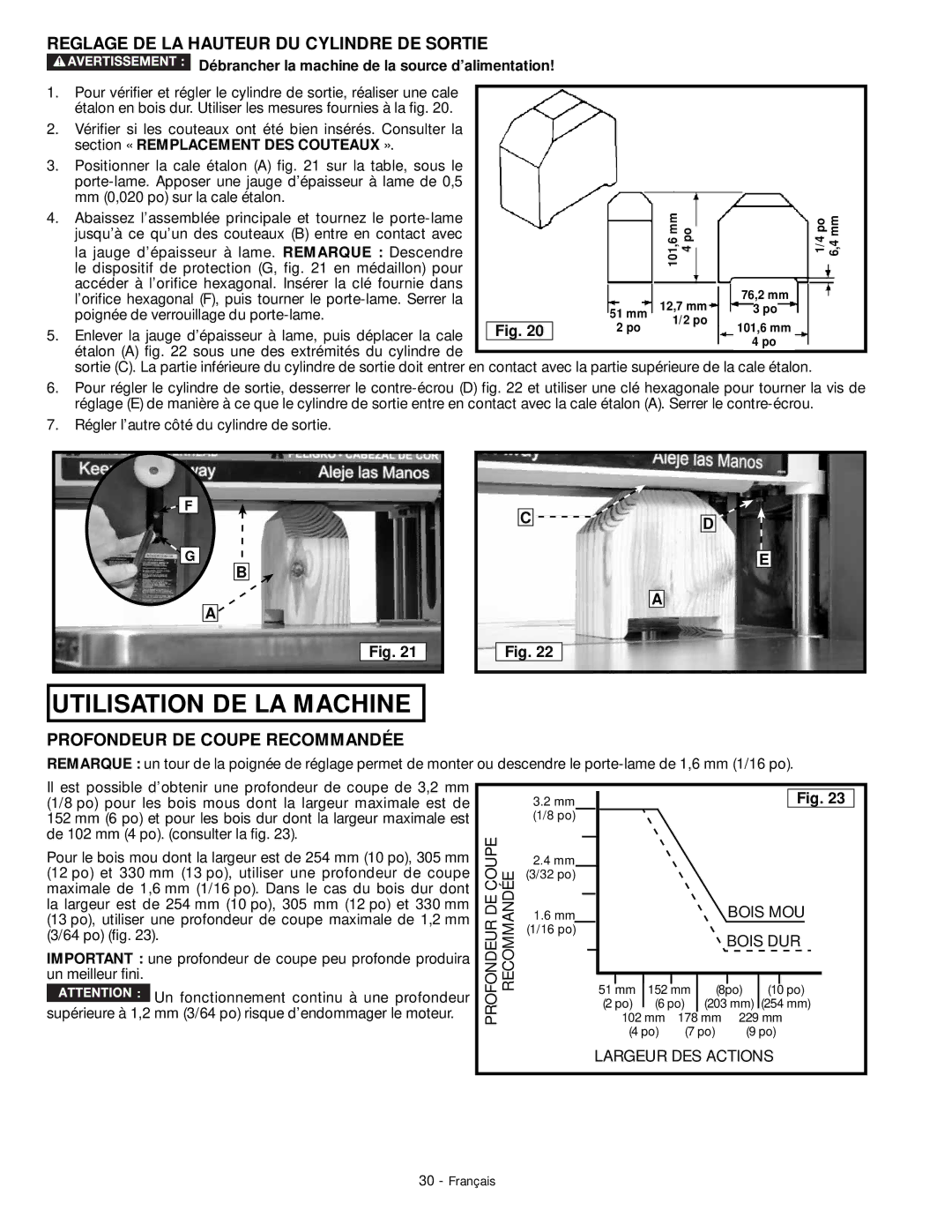 DeWalt 18657 instruction manual Reglage DE LA Hauteur DU Cylindre DE Sortie, Profondeur DE Coupe Recommandée 