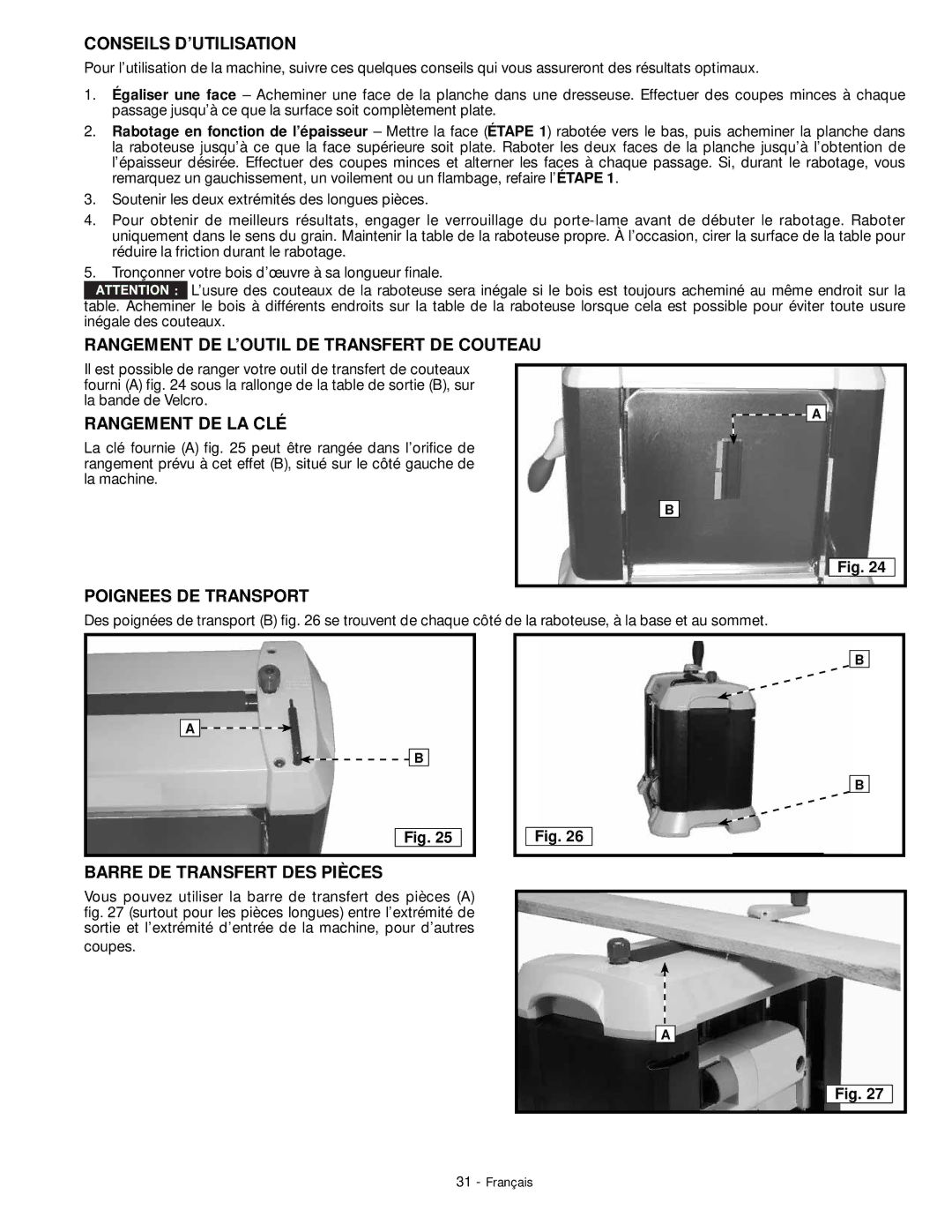 DeWalt 18657 instruction manual Conseils D’UTILISATION, Rangement DE L’OUTIL DE Transfert DE Couteau, Rangement DE LA CLÉ 