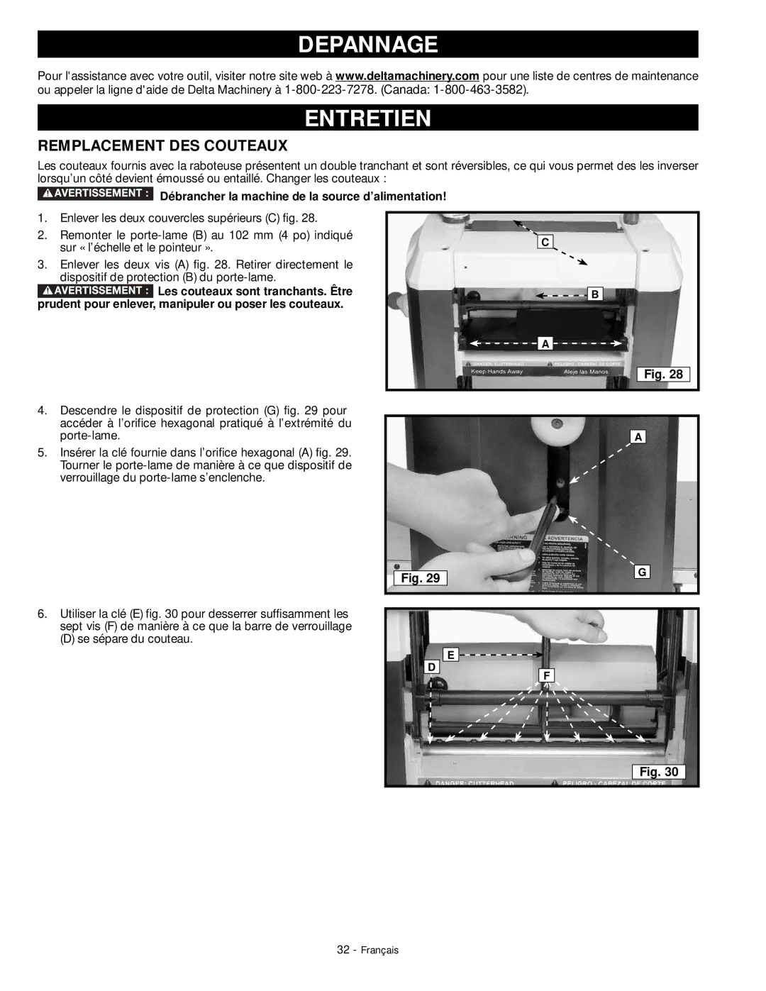 DeWalt 18657 instruction manual Depannage Entretien, Remplacement DES Couteaux 