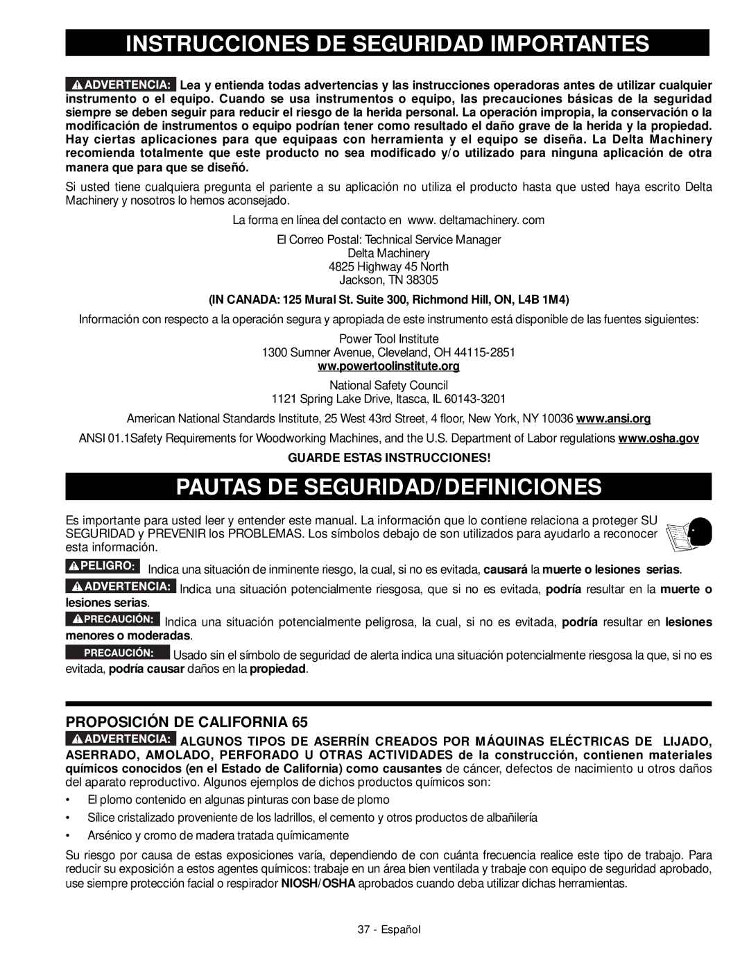 DeWalt 18657 Instrucciones DE Seguridad Importantes, Pautas DE SEGURIDAD/DEFINICIONES, Proposición DE California 