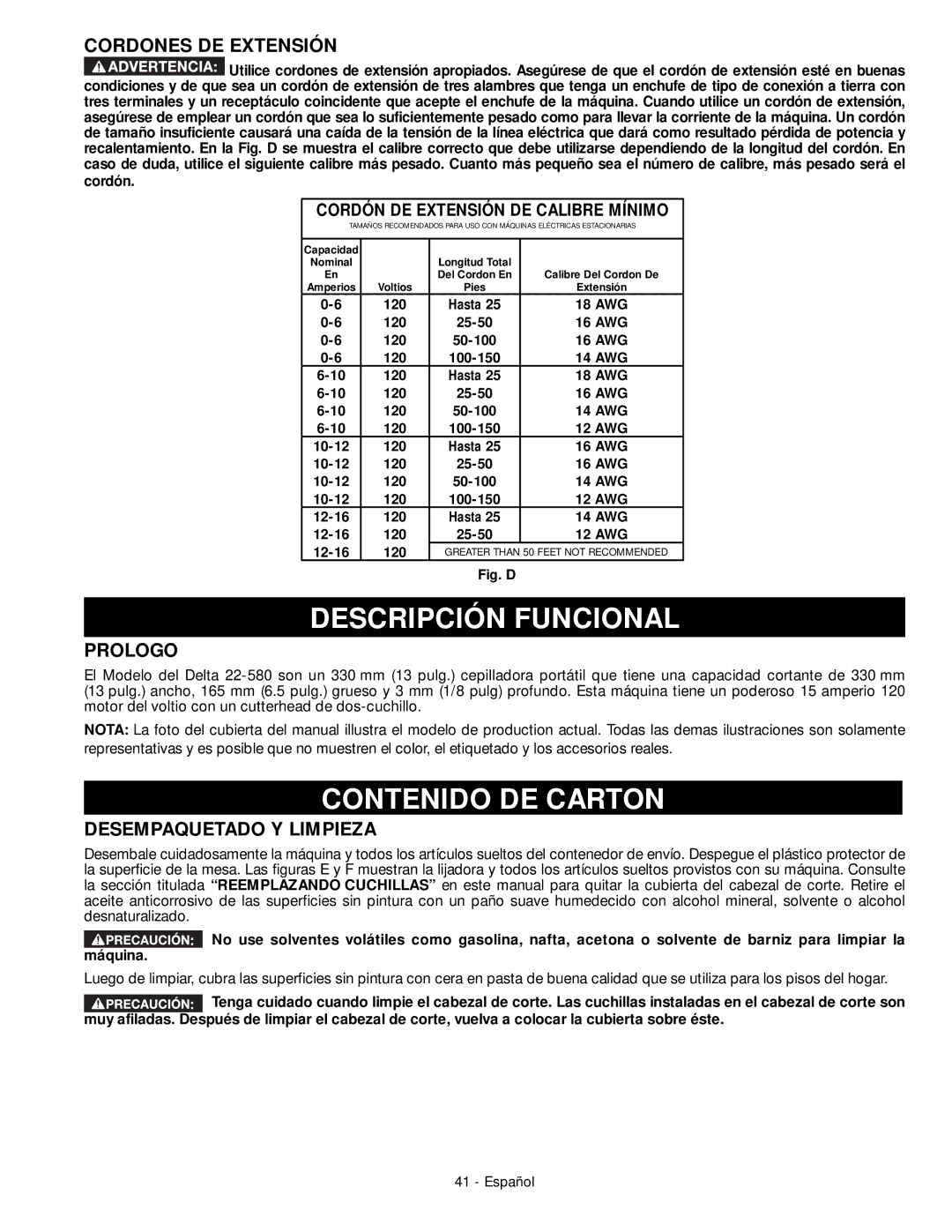 DeWalt 18657 Descripción Funcional, Contenido DE Carton, Cordones DE Extensión, Prologo, Desempaquetado Y Limpieza 