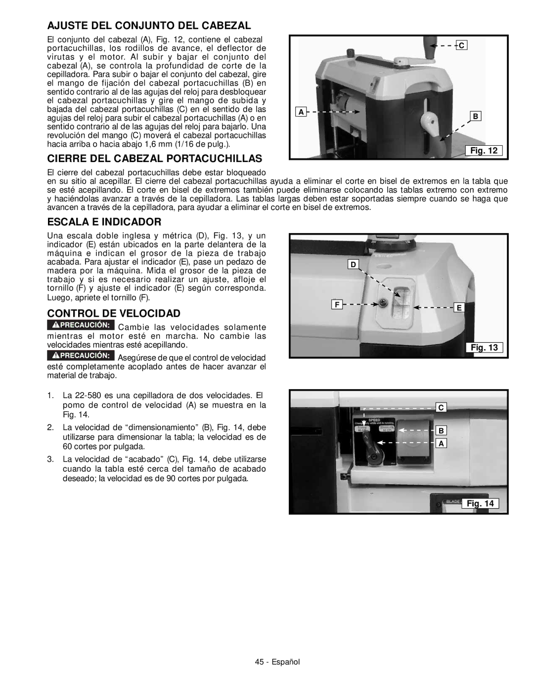 DeWalt 18657 Ajuste DEL Conjunto DEL Cabezal, Cierre DEL Cabezal Portacuchillas, Escala E Indicador, Control DE Velocidad 