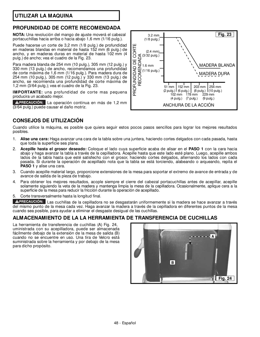 DeWalt 18657 instruction manual Utilizar LA Maquina Profundidad DE Corte Recomendada, Consejos DE Utilización 