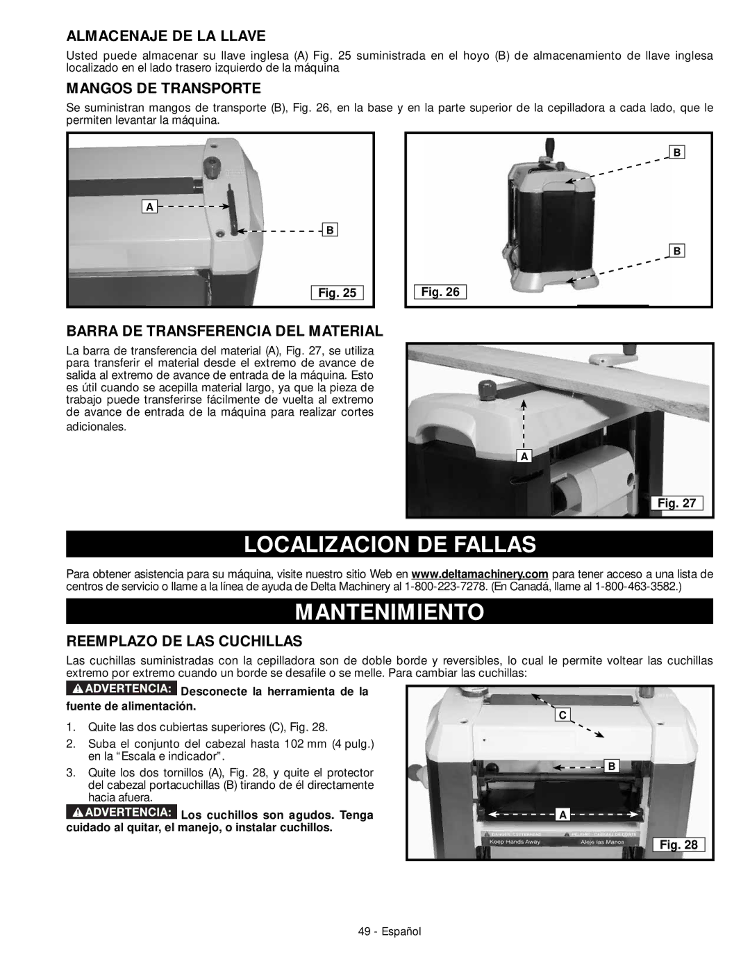 DeWalt 18657 instruction manual Localizacion DE Fallas Mantenimiento, Almacenaje DE LA Llave, Mangos DE Transporte 