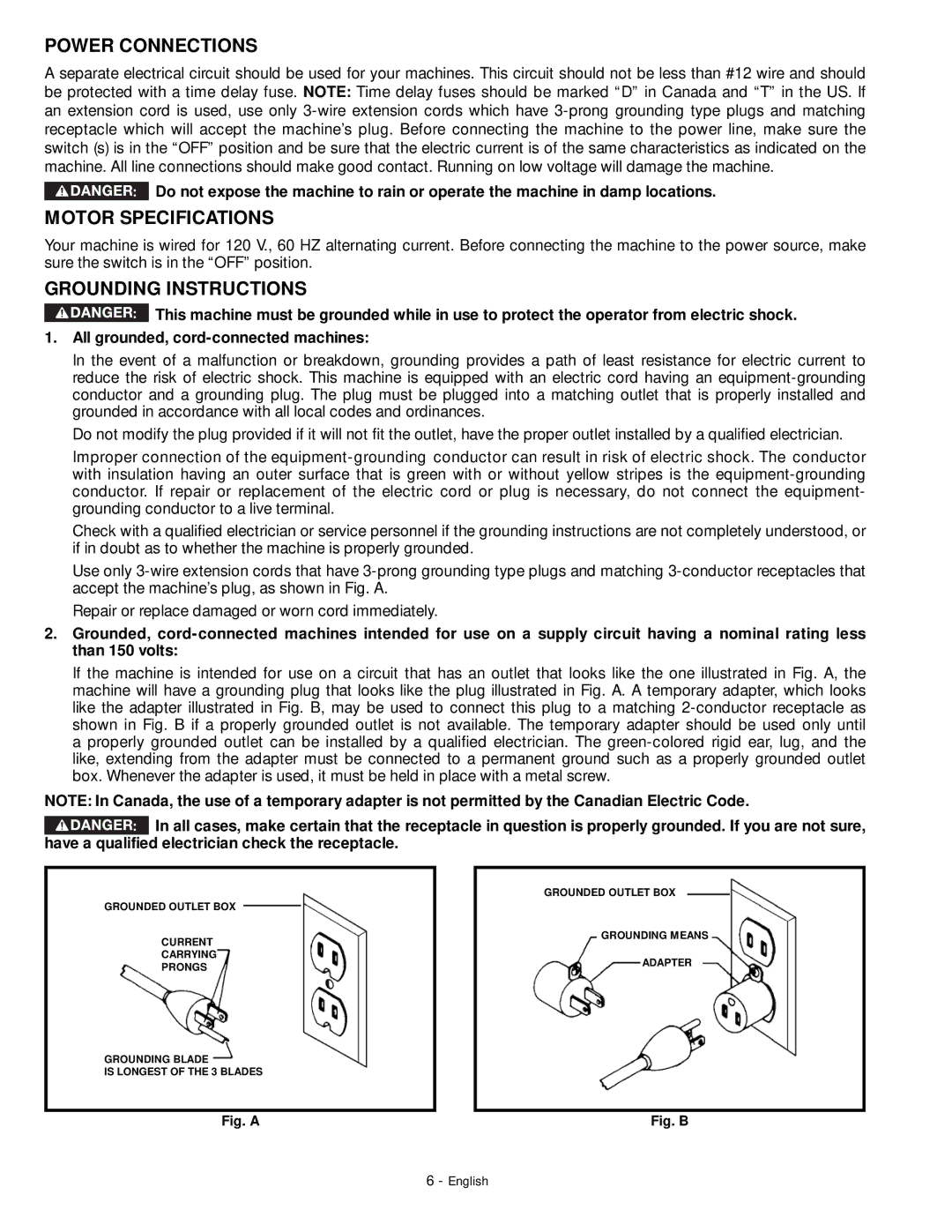 DeWalt 18657 instruction manual Power Connections, Motor Specifications, Grounding Instructions 