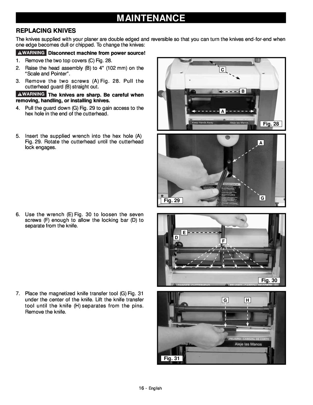 DeWalt 18657 instruction manual Maintenance, Replacing Knives, Disconnect machine from power source 