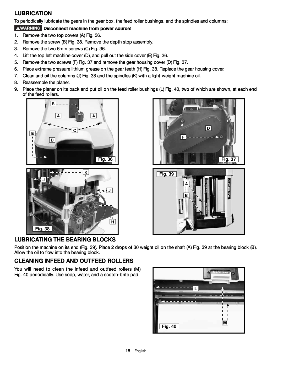 DeWalt 18657 instruction manual Lubrication, Lubricating The Bearing Blocks, Cleaning Infeed And Outfeed Rollers 