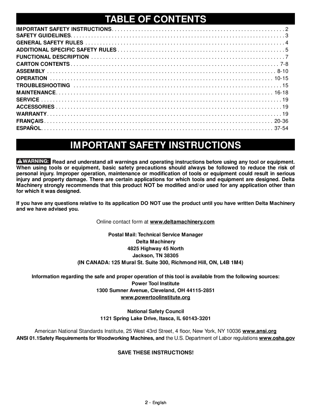 DeWalt 18657 instruction manual Table Of Contents, Important Safety Instructions, Save These Instructions 