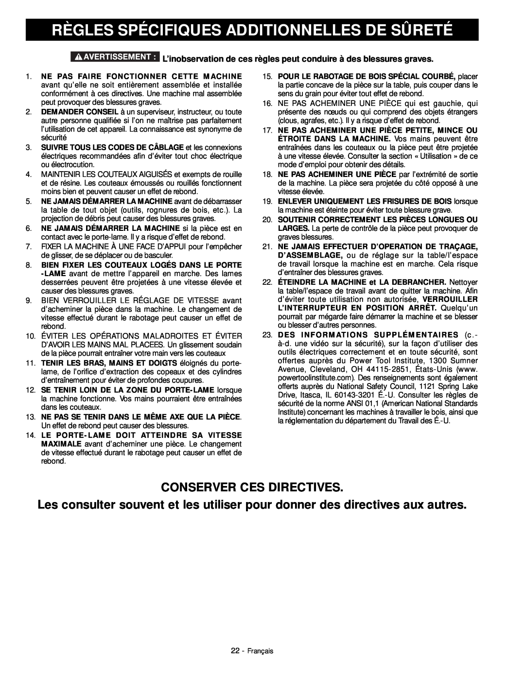 DeWalt 18657 instruction manual Règles Spécifiques Additionnelles De Sûreté, Conserver Ces Directives 