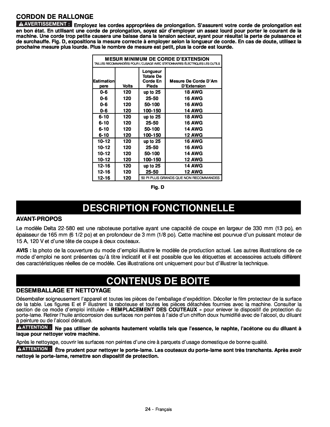 DeWalt 18657 Description Fonctionnelle, Contenus De Boite, Cordon De Rallonge, Avant-Propos, Desemballage Et Nettoyage 