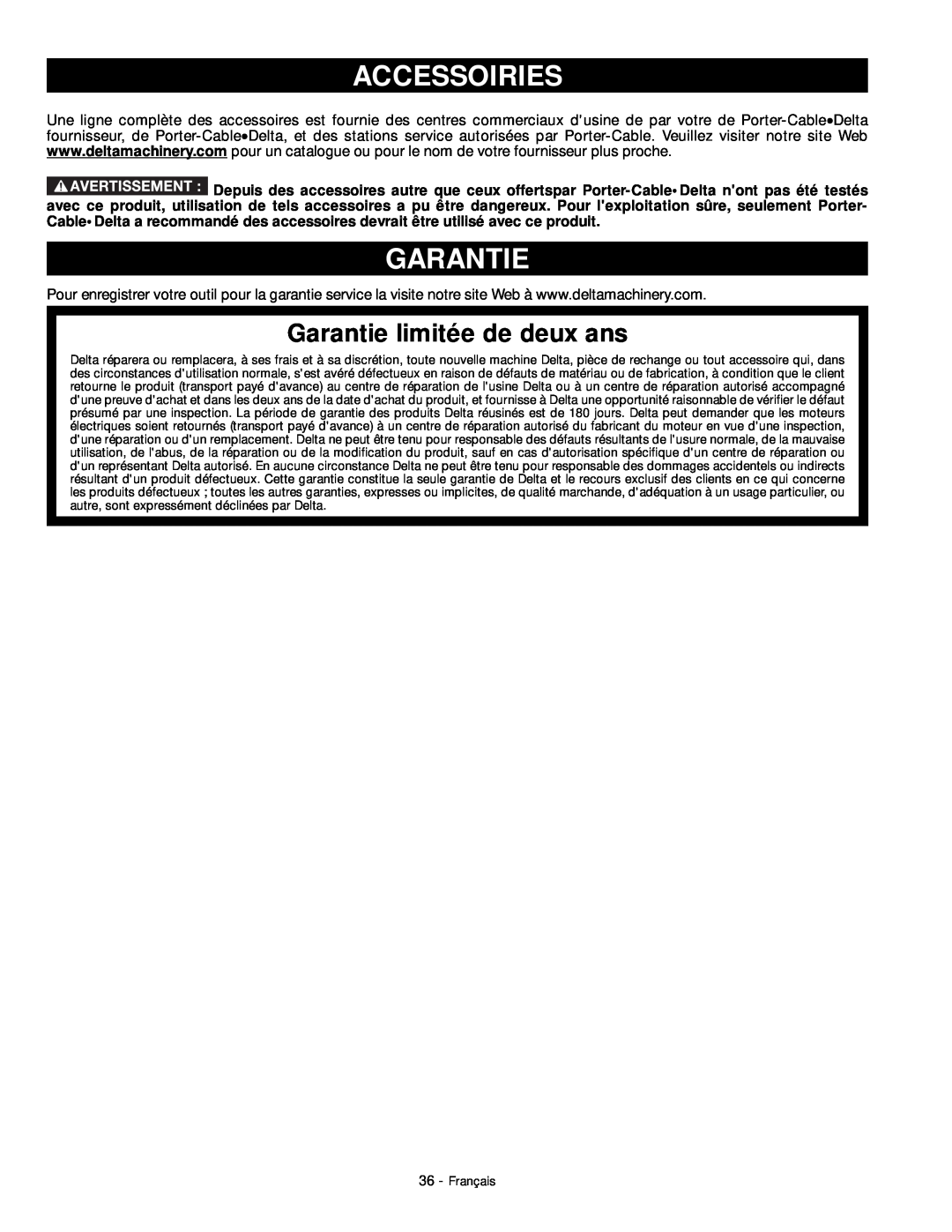 DeWalt 18657 instruction manual Accessoiries, Garantie limitée de deux ans 