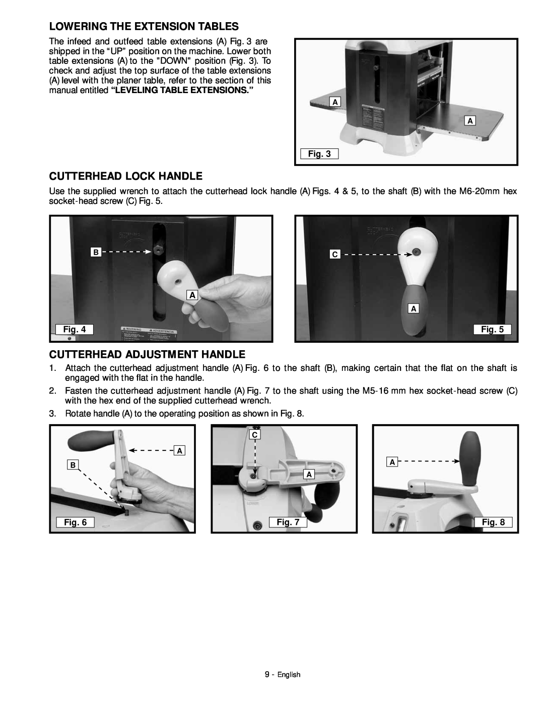 DeWalt 18657 instruction manual Lowering The Extension Tables, Cutterhead Lock Handle, Cutterhead Adjustment Handle 